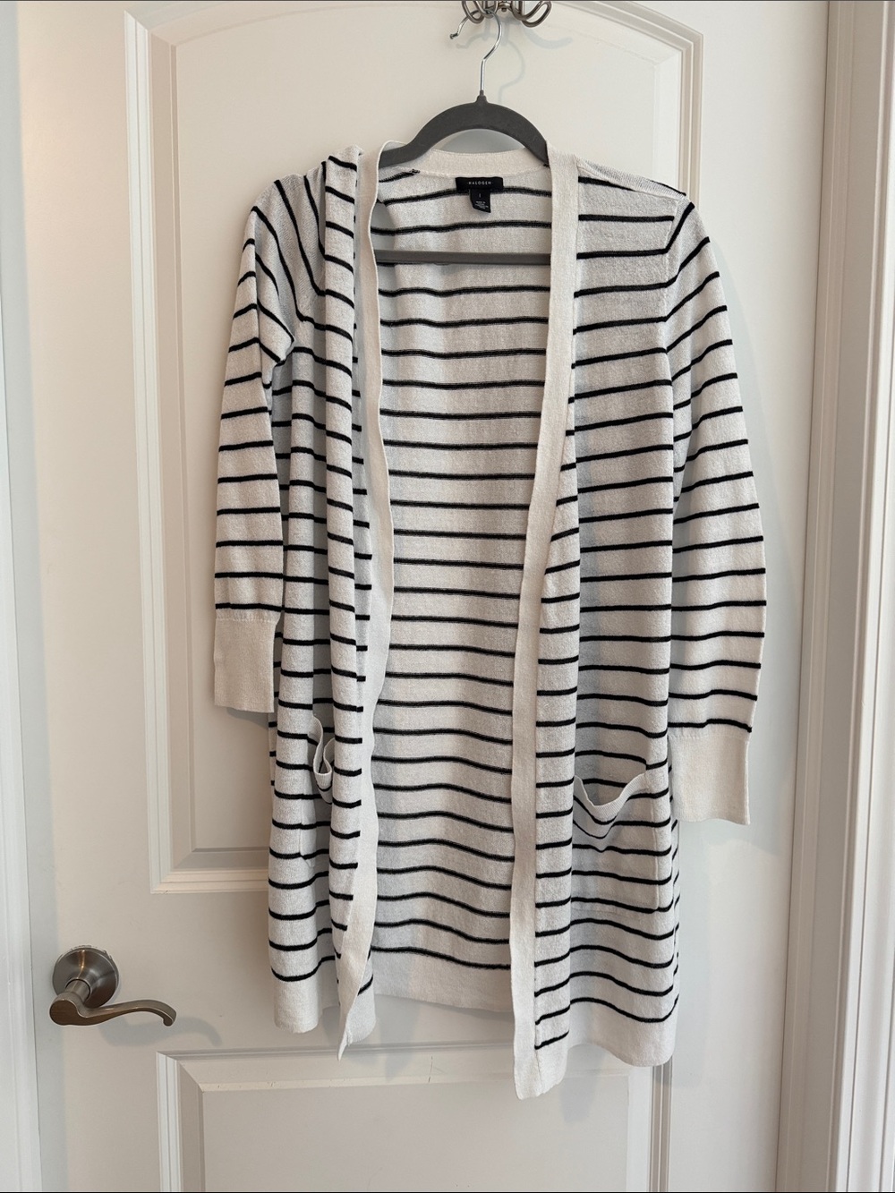 Halogen White and Black Striped Open-Front Cardigan